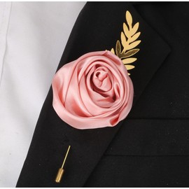 Faux Silk Rose Men Suit Boutonniere, Artificial Flower & Golden Leave Brooch Lapel Pin for Groom Groomsman Wedding Prom Dance Homecoming Party(Blush Pink, 4 Pack)