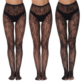 Bisienya 3 Pairs Women's Patterned Fishnet Tights Floral Patterned Fishnet TightsLace Pantyhose High Waist Fishnet Stockings Fashion Black Patterned Tights Leggings for Women