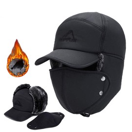 IBLUELOVER Unisex Winter Bomber Hat Ushanka Russian Cap Faux Fur Hunting Trooper Trapper Hat Earflap Thick Balaclava Cap with Windproof Cover for Men Women Skiing,Skating Climbing Black