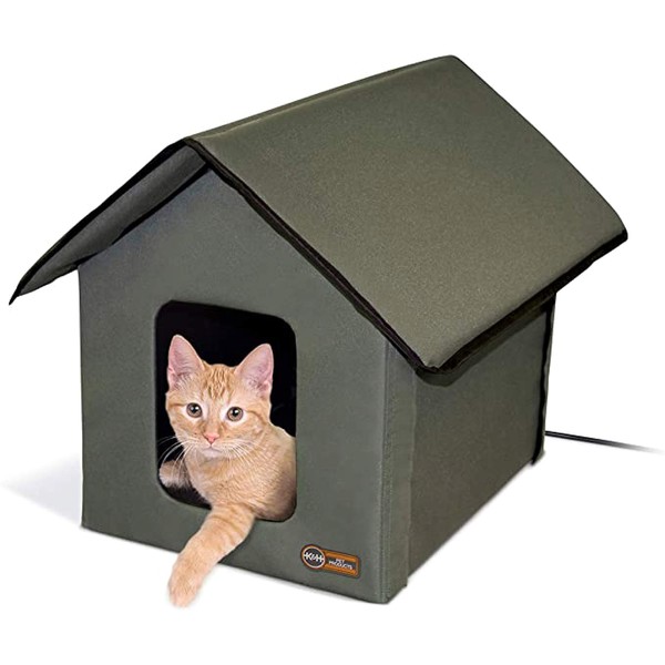 K&H Pet Products Outdoor Heated Kitty House, Outdoor Cat House for Outside Community Cats, Strays, and Ferals, Insulated Shelter, Warming Cold Weather House with Heated Pad for Winter, Olive