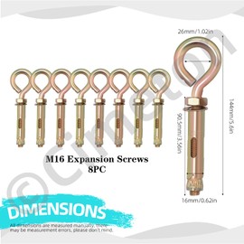 Cimeton 8Pcs M16 Concrete Eye Bolts Wall Brick Expansion Screws Concrete Brick Expansion Screws Heavy Duty Expansion Screw Colored Zinc Plated Expansion Eye Bolt