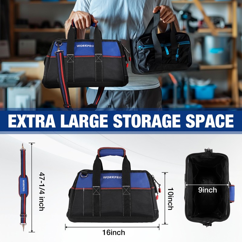 WORKPRO 16-inch Wide Mouth Tool Bag, Heavy Duty Cloth Tool
