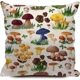 KEIROUTK Cushion Covers 45X45 Mushroom Cotten Linen Cushion Cover Forest Wild Species Decorative Square Throw Pillow Case Pillowcase For Couch Livingroom Sofa Bed 18X18 Inch