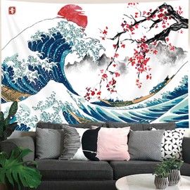MERCHR Japanese Ocean Tapestry, Cool Artistic Wave Wall Tapestry, Asian Anime Mount Red Sun Cherry Blossom Decorations Tapestry Wall Hanging for Bedroom, 71 x 60 Inches
