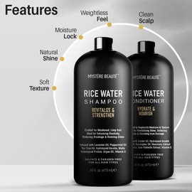 MYSTÉRE BEAUTÉ Rice Water Shampoo and Conditioner Set - Ultra-Nourishing Hair Care Set, Promotes Growth, Revitalizes Shine, and Shields from Damage - Infused with Essential Oils - 16 fl oz Each