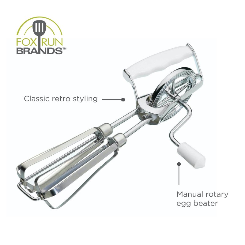 Fox Run Stainless Steel Manual Hand Mixer, White Retro Style