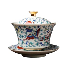 fanquare Chinese Gaiwan Porcelain Gongfu Tea Cup with Saucer and Lid 6.76oz Double Auspicious Phoenix Style Tea Service Traditional Cover Bowl Gift Box for One