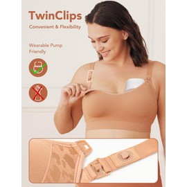 HOFISH Nursing Bra for Breastfeeding, TwinClips Wearable Pump Bra with Fixed Padding, Adjustable Comfort Maternity Bra for Pregnancy, Brown, L