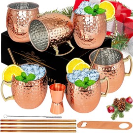 LINALL Moscow Mule Copper Mugs- Set of 6 Copper Plated Stainless Steel Mug 18oz, for Chilled Drinks (6 Pack)