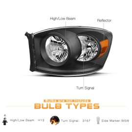JSBOYAT Headlight Assembly Replacement for 2006-2008 Dodge Ram 1500/2006-2009 Dodge Ram 2500 3500 Pickup Driver and Passenger Side, Black Housing & Amber Reflector