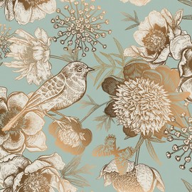 Wallercity Vintage Green/Gold Peel and Stick Wallpaper Floral Birds Contact Paper for Bedroom Renter Friendly Floral Contact Paper for Walls Cabinets Self Adhesive Wall Paper Home Decor 17.5''x315''