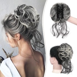 SOFEIYAN Claw Clip Messy Bun Hair Piece Curly Wavy Hair Bun Clip in Claw Chignon Ponytail Extensions Synthetic Tousled Updo with Tendrils Hairpieces Accessories Scrunchies for Women, Gray with White