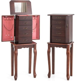 CHARMAID Standing Jewelry Organizer Cabinet with 4 Drawers, Top Storage Tray with Ring Slots, 2 Side Doors with Necklace Hooks, Vintage Jewelry Armoire Chest with Flip Top Mirror, Cherry Brown