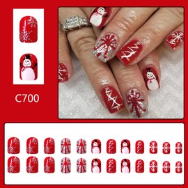 Christmas Press on Nails Short Square Red Press on Christmas Fake Nails with Glitter Silver Tree Snowflake Designs Glossy Christmas Glue on Nails Acrylic Full Cover Stick on Nails for Women 24PCS