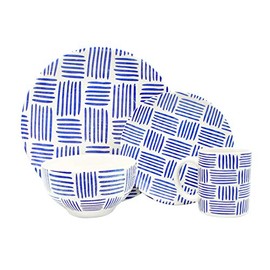 Melange Coupe 16-Piece Porcelain Dinnerware Set (Indigo Tally Marks Collection) | Service for 4 | Microwave, Dishwasher & Oven Safe | Dinner Plate, Salad Plate, Soup Bowl & Mug (4 Each)