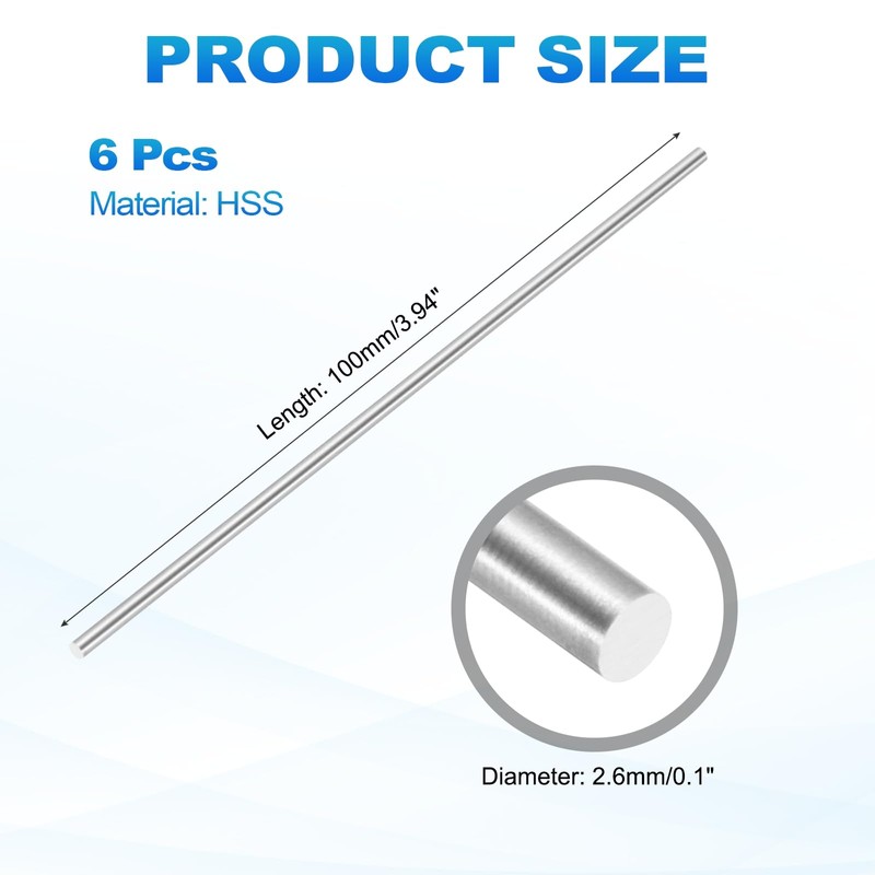 MECCANIXITY 6 Pcs Round Steel Rod 2.6mm Diameter HSS Lathe