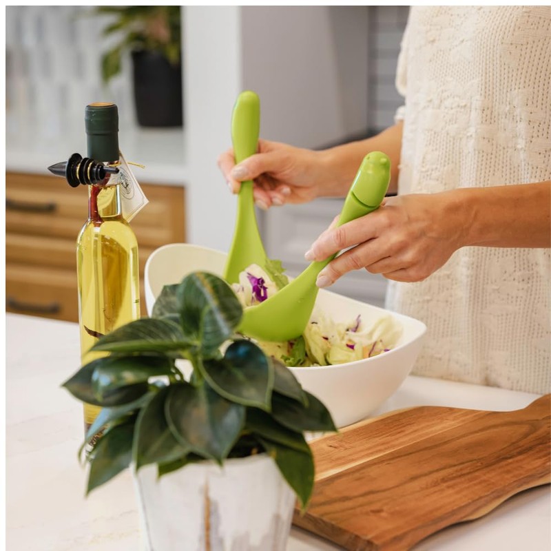 Qualy 9984 Sparrow Salad Bowl with Salad Servers, White/Green, 23.5