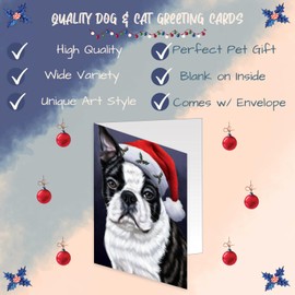 Doggie of the Day Santa Hat Christmas Happy Holidays Boston Terrier Dog Note Cards - Adorable Pets Invitation Cards with Envelopes - Pet Artwork Christmas Note Cards GCD1340 (50 Note Card)