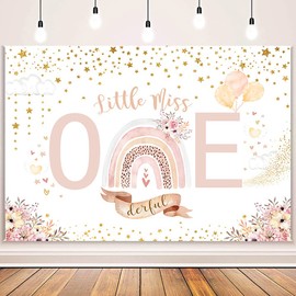 AIBIIN 7x5ft Boho Rainbow Happy 1st Birthday Backdrop Little Miss Onederful Birthday Decoration Backdrop Onederful 1st Birthday Backdrop for Girl Gold Dots Star Pastel Party Decorations Supplies Vinyl