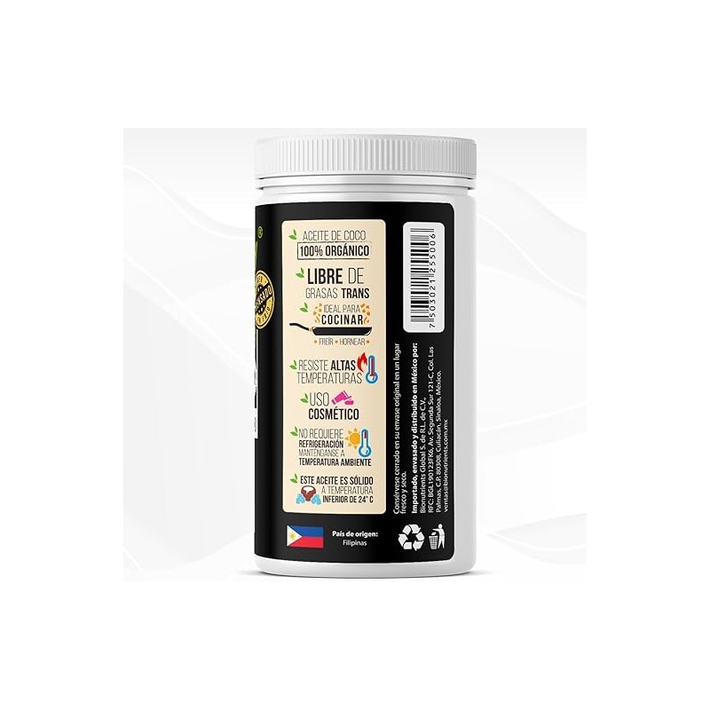 Aceite de coco ORGÁNICO 930ml, sin sabor y sin olor,