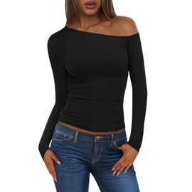 PRETTYGARDEN Women's Long Sleeve Shirts Off The Shoulder Tops 2025 Fall Fashion Cute Ruched Tight Fitted Going Out Tshirts (Black,X-Small)