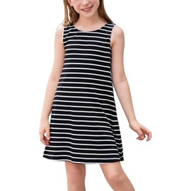 GORLYA Girl's Summer Casual Loose Tank Swing Midi Cute Shift Dress with Pockets for 4-14T Kids (GOR1040, 11-12Y, Black Stripe)