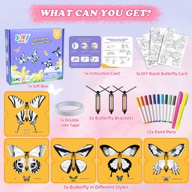 20 Pcs DIY Painting Wind Up Butterfly Toy, Kids Paper Craft Kits, 8 Paper Butterflies & 12 Pens, Make Your Own Magic Butterfly, Surprise Card Insert Rubber Band Butterfly, Parent-Child School Activity