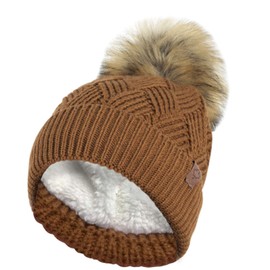 RockJock Ladies Warm Chunky Diamond Cable Knit Hat with Thermal Teddy Fleece Lining and Detachable Faux Fur Pompom-Chestnut