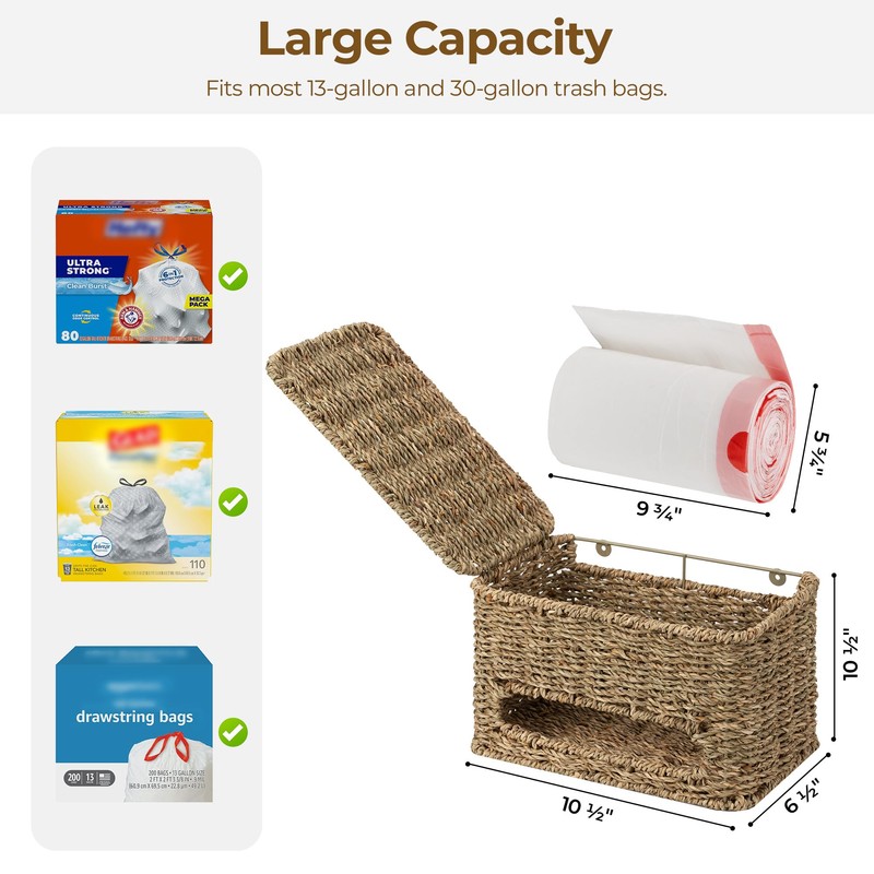 StorageWorks Trash Bag Holder with Lid, Wall Mount Seagrass Plastic