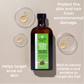 Nature Spell Neem & Castor Oil for Hair & Skin 150 ml – Pure and Natural Neem Oil and Castor Oil for Healthy Shiny Hair - Body Oil to target acne and dry skin – Made in the UK