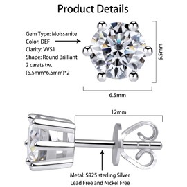 Moissanite Stud Earrings for Women Men, Nickel Free S925 Sterling Silver Hypoallergenic Earrings, 1ct - 2ct D Color VVS1 Clarity Brilliant Round Cut Lab Created Diamond Earring Set Promise Birthday Christmas Gift (Classic 6 prong, 2 carats-(1ct*2)-6.5mm,