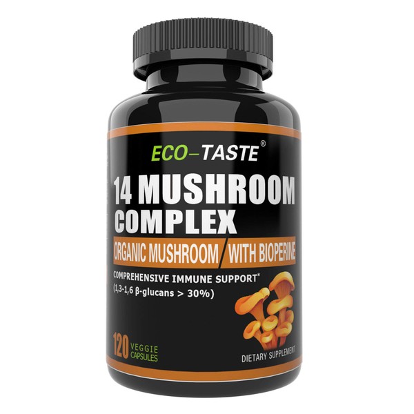 ECO-TASTE 14 Mushrooms Supplement with Black Pepper for Absorption Enhancer – 120 Veggie Capsules