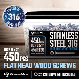 FM FastenMon #8x2 Marine Grade 316 Stainless Steel Deck Screws, 450 PCS, Flat Head T20, Type 17 Point, Rust Resistant, Quick Drive, Strong Grip for Outdoor Wood Projects, Bit Included