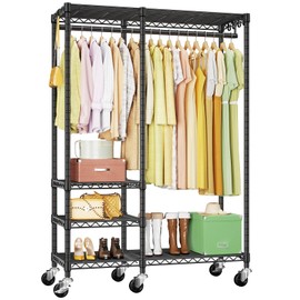 Ulif F4R Heavy Duty Clothes Rack（With Lockable Wheels ） Rolling Clothing Racks for Hanging Clothes，Adjustable Closet Organizer System，Portable Garment Rack 45"W x 15.8"D x 73.5"H，Max Load 650LBS，Black
