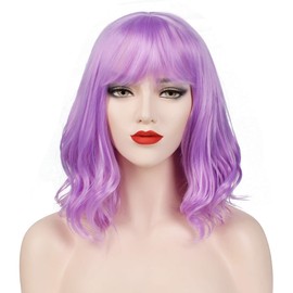 OKVGO Short Curly Bob Wig with Wig Cap for Women Cosplay Party and Daily Use Light Purple
