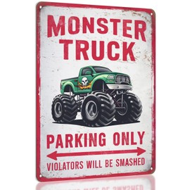 Monster Truck Parking Only Sign – Monster Truck Room Decor for Boys Room, Funny Monster Jam Poster, Monster Truck Poster Sign, Car Decor for Boys Bedroom, 11x8.3” Aluminum by Opix Design, Race Car & Truck Theme Room Decoration