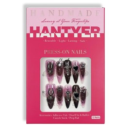 Hantyer Y2K Punk Press on Nails with Tools Kit, 10pcs Long Stiletto Glossy Black & Pink Gradient Nails, Silver Studs, Black Rhinestones & 3D strips, Edgy Style for Concerts & Night Events (Size M)