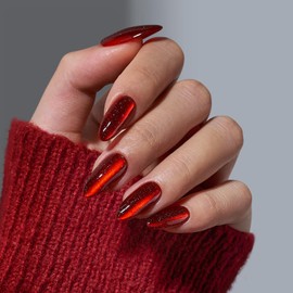 BTArtbox BTArtbox Press On Nails Almond - Deep Red Sparkly Stick on Nails, Glossy Fake Nail Tips Medium in 15 Size, Mystic Ruby