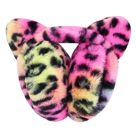 Cute Animal Earmuffs for Girls Women, Leopard Faux Fur Cat Ear Muffs Foldable Winter Warm Plush Ear Covers Ear Warmers Headband Outdoor Windproof Cold Weather Headwear for Ski Cycling Camping Running