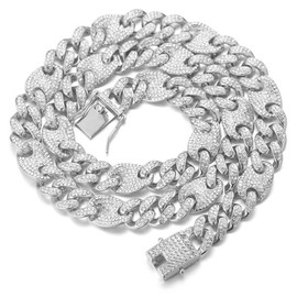 Halukakah Men's Gold Chain Iced Out, 13 mm Men's Coffee Bean Cuban Chain Miami 18 Carat Real Gold-Plated / Platinum Plated White Gold Collar Necklace Bracelet, Laboratory Diamonds Hand Set, Gift for