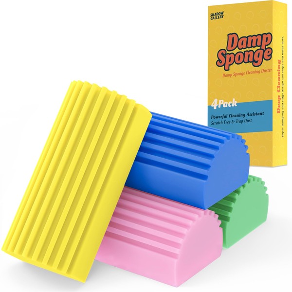 Cleaning Duster Sponge Damp Tool - 4 Pack Shadowgallery Reusable Household Sponges Dusters Magical Dust Sponge for Cleaning Blinds, Glass, Baseboards, Vents, Mirrors, Window Track Grooves (Multi)