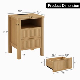 ONBRILL Fluted Night Stand with Charging Station, 23" Modern 2 Drawers End Table, Nightstand Set of 2 with Curved Profile Design, Bed Side Table for Bedroom, Living Room, Natural Oak （2-Pack）