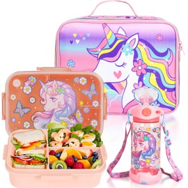 YOYTOO Kids Bento Lunch Box with Insulated Lunch Bag, Water Bottle Ice Pack Set for Back to School Kids Toddler Daycare Lunches, Snack Container