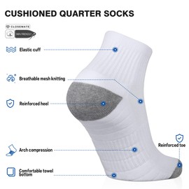 Closemate 7 Pairs Athletic Ankle Socks for Men Women Thick Cushioned Sole Running Quarter Socks(7 White, Size S)