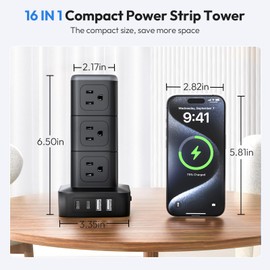 NTONPOWER Compact Surge Protector Power Strip Tower, 1080J Surge Protector Tower, 12 AC Outlets 4 USB(2 USB C), 13A/1625W Overload Protection, 5ft Extension Cord Tower Power Strip for Office Home Dorm
