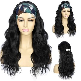 SAPPHIREWIGS Pelucas sintéticas negras con diadema y ondas corporales para mujer de 20 pulgadas.