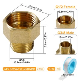 Lyeteung 2 PCS G1/2 Female to G3/8 Male Brass Thread Fitting Reducer, Hex Bushing Adapter, Brass Pipe Fitting Reducer Adapter, with Plumbers Tape, for Pipe Connection