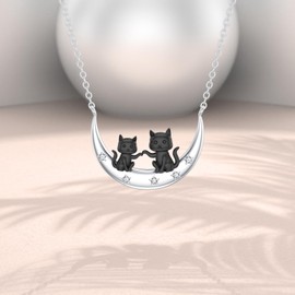 LWXIE Diamond Black Cat Necklace for Women 925 Sterling Silver Two Cat on Moon Pendant Necklace Cute Animal Jewelry Gifts for Daughter Mom Women Wife Friend