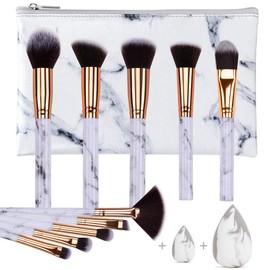 HEYMKGO Juego de brochas de maquillaje profesional de mármol, cerdas sintéticas naturales suaves y sin olor, 10 unidades  2 esponjas  bolsa de...     