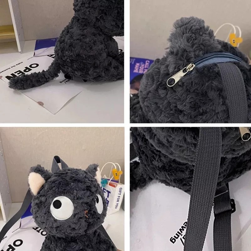 Jextech Mochila Con Cierre Esponjoso Gato Peluche Negro Muñeco 30cm